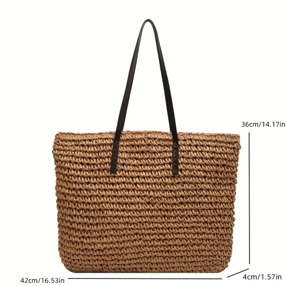 Woven Straw Tote Bag Large Shoulder Beach Purse Tan Brown Zipper Closure - Picture 4 of 6